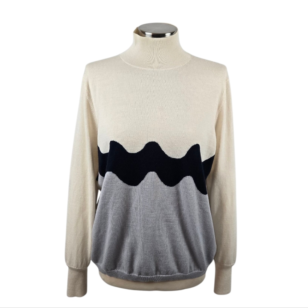 Marimekko Cream & Grey Wool Blend Lightweight Pullover Turtleneck Sweater